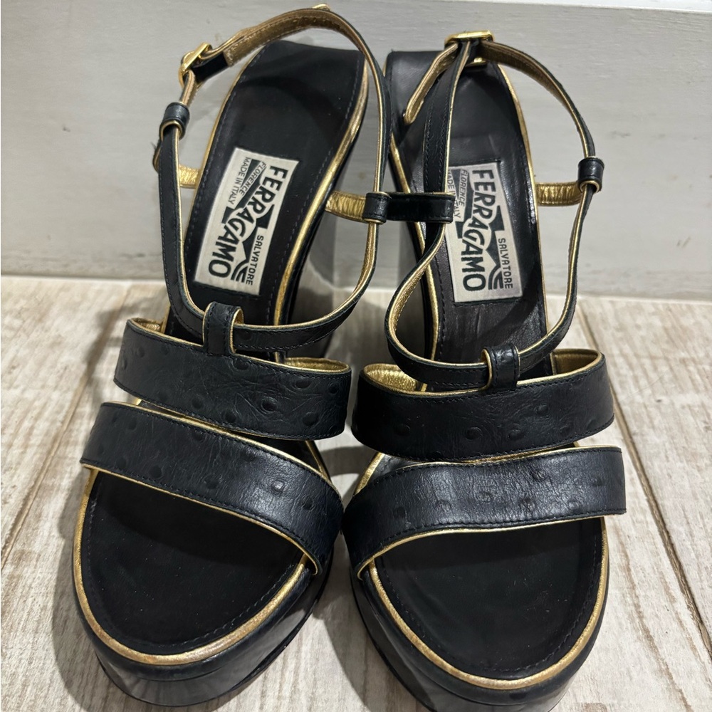 Salvatore Ferragamo Black and Gold leather Wedges